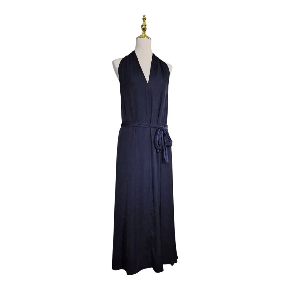 Banana Republic Halter Maxi‎ Dress Small Navy Blue Open Back Tie Waist NWT
